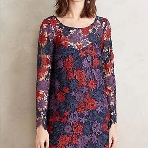 Anthropologie Blue and Red Sheath Dress Long Sleeve Scoop Neck